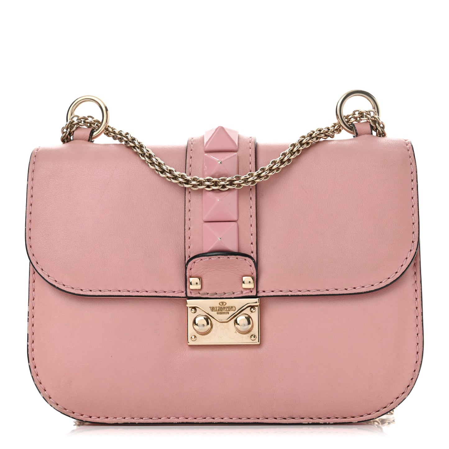 Vitello Enamel Small Glam Lock Rockstud Flap Water Rose