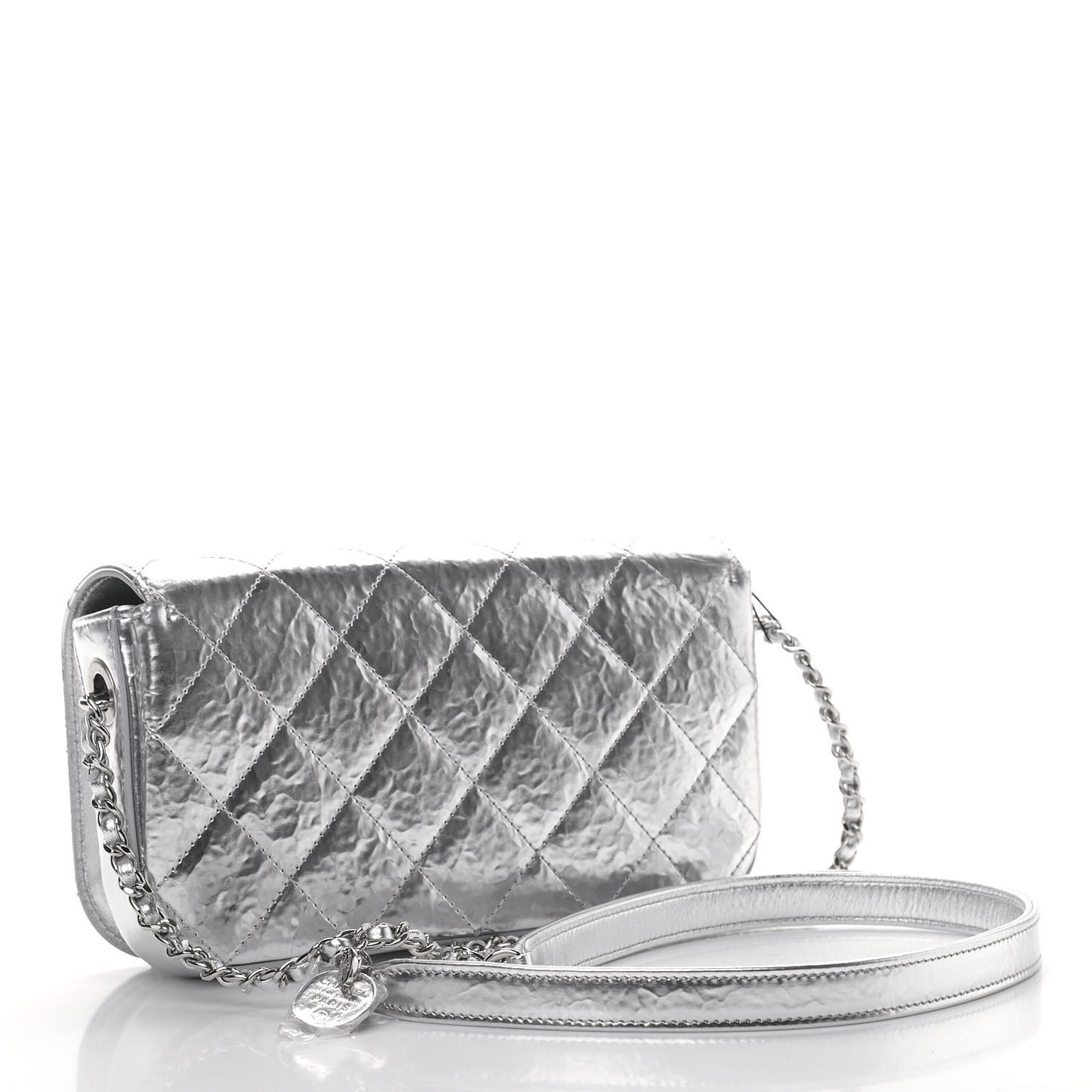 Hammered Metallic Calfskin Quilted Flap Silver