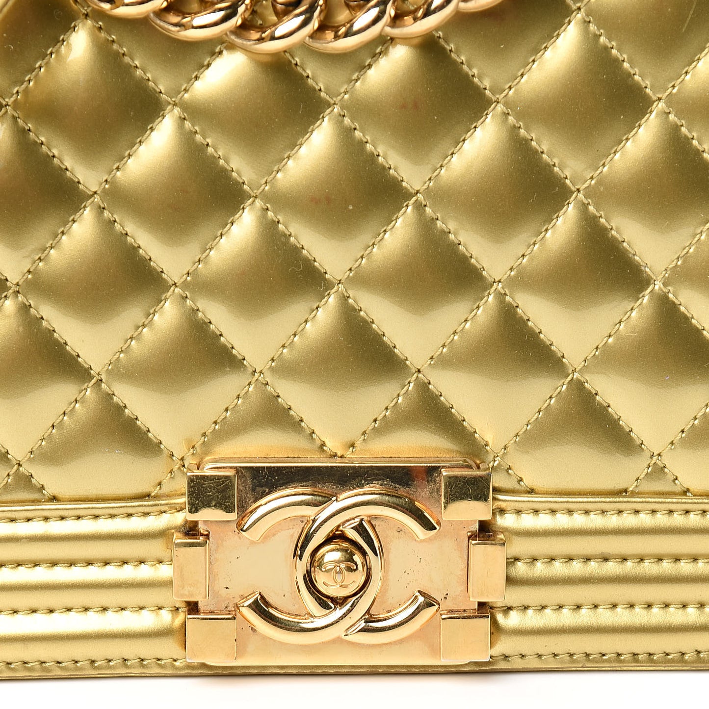 Metallic Patent Calfskin Quilted Medium Boy Flap Gold