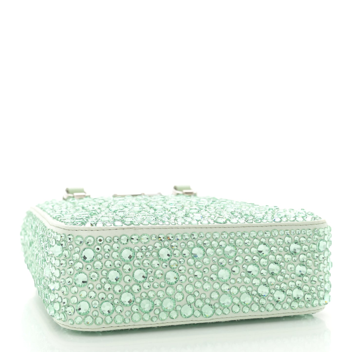 Satin Crystal Metal Triangle Logo Small Double Handle Crossbody Tote Acqua