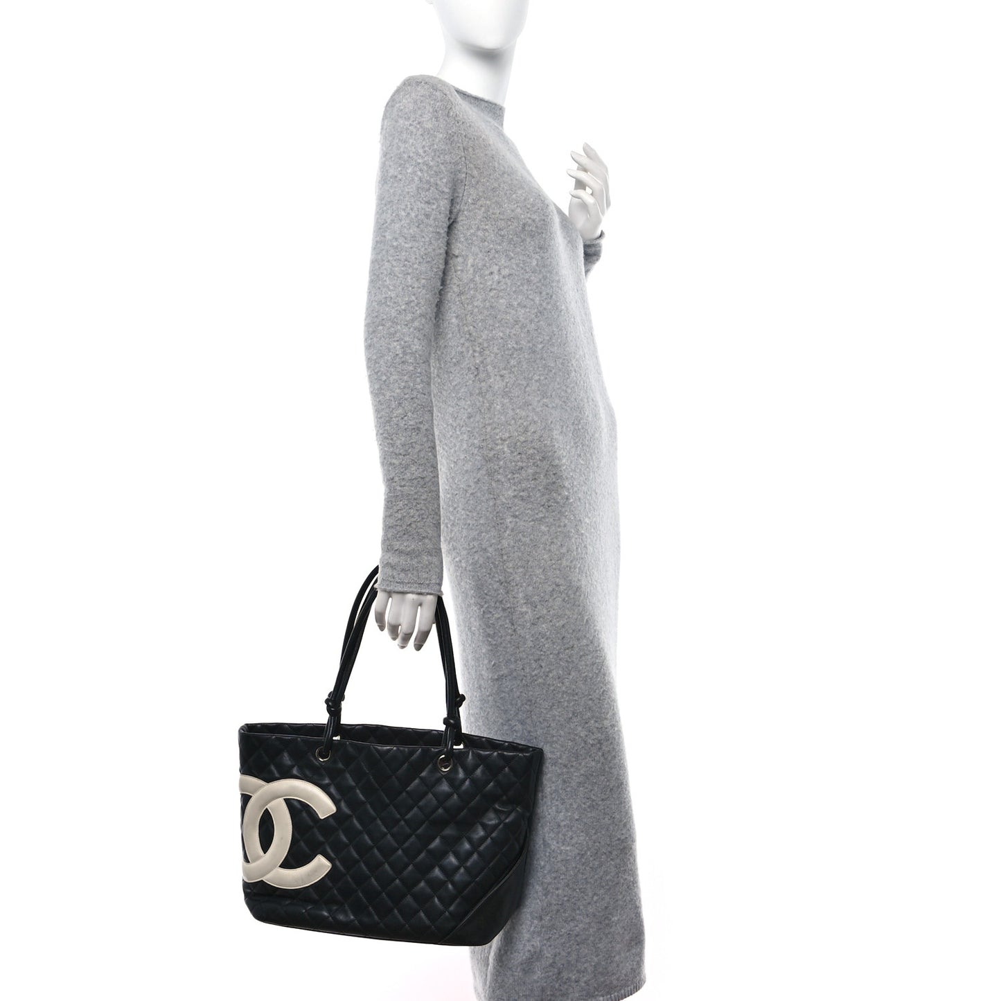 Calfskin Quilted Large Cambon Tote Black White