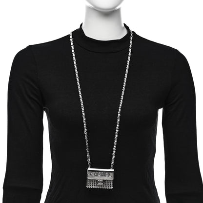 Chanel Metal Lambskin Strass Crystal Purse CC Long Necklace Silver 2 of 6