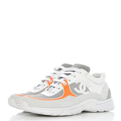 Chanel Suede Calfskin Fabric CC Sneakers 40 White Grey Fluo Orange 3 of 9