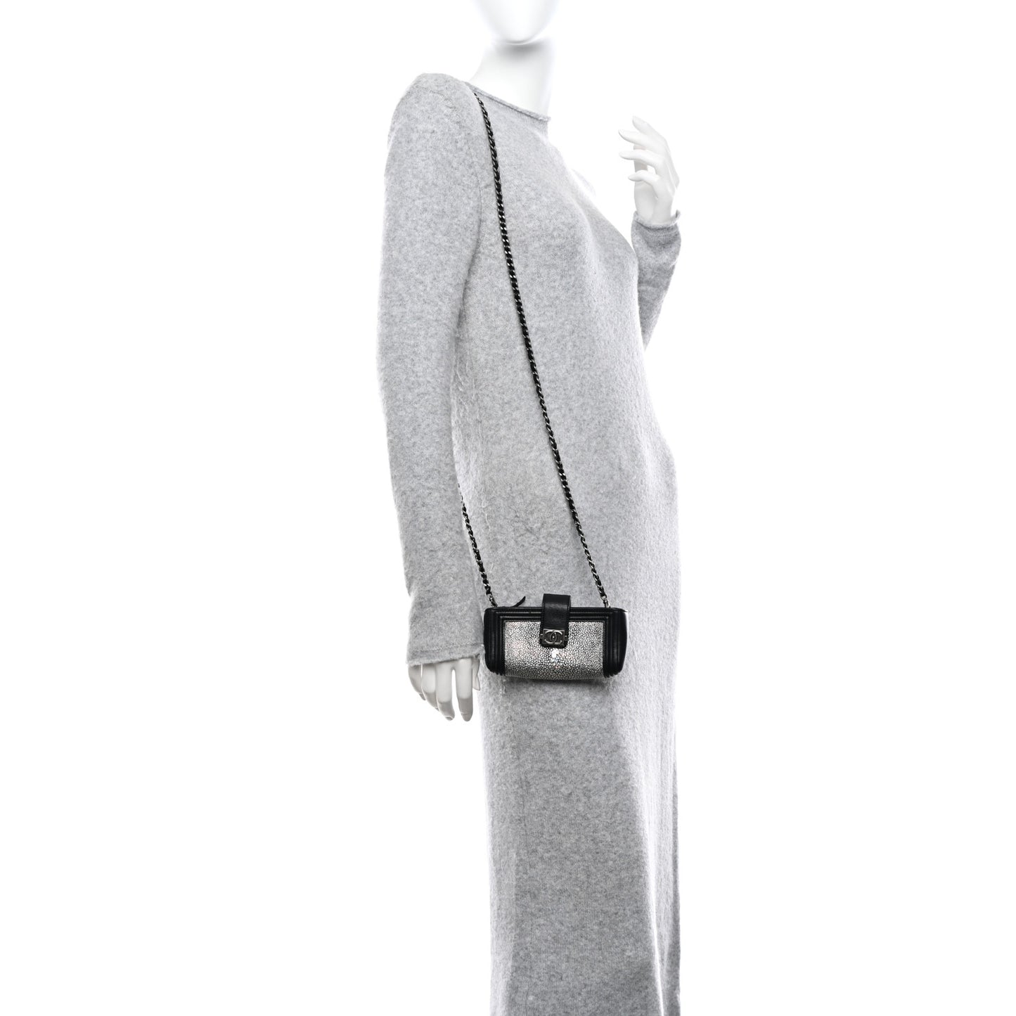 Metallic Galuchat Stingray Lambskin Mini Clutch With Removable Chain Black