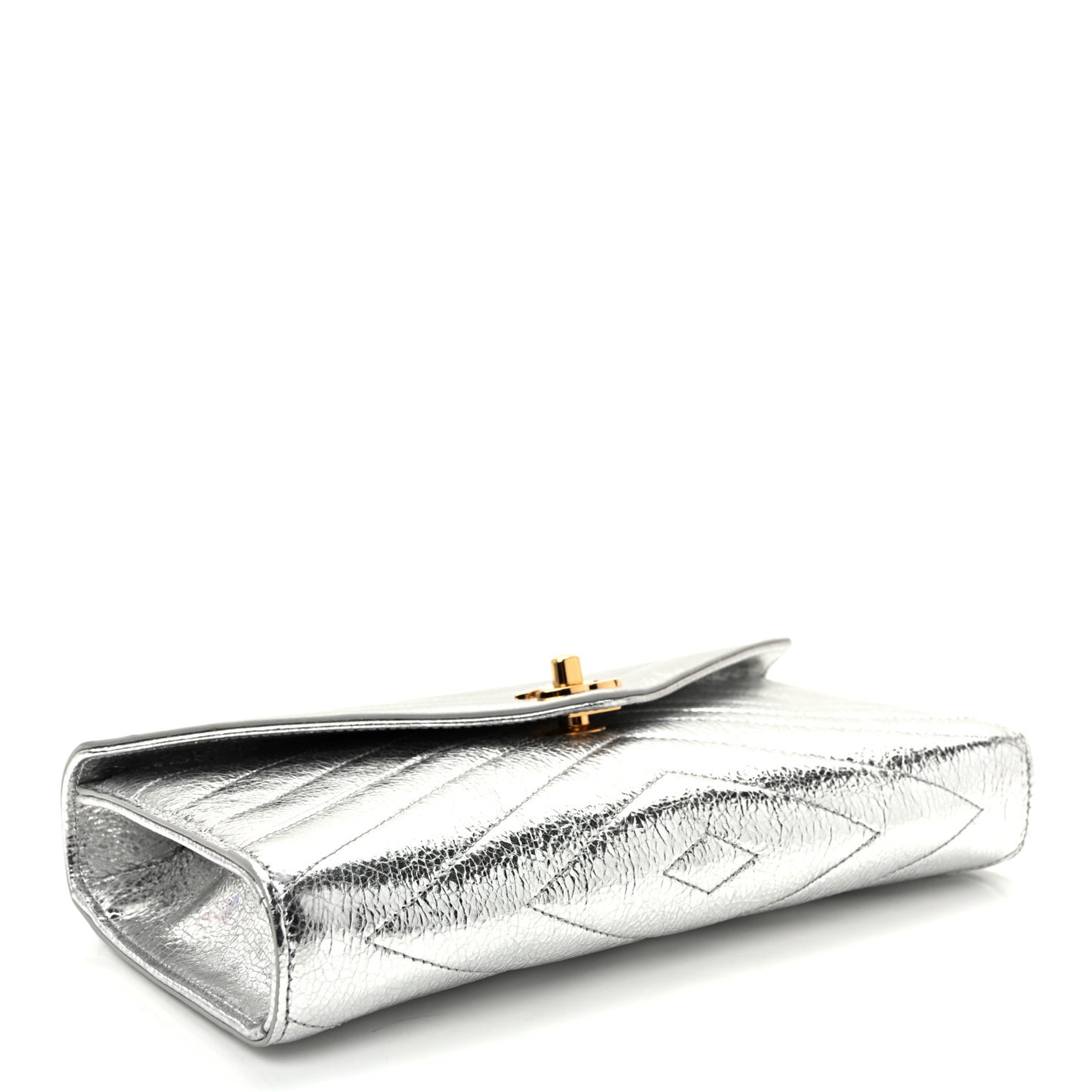Metallic Aged Calfskin Chevron Quilted Top Handle Envelope Clutch Silver