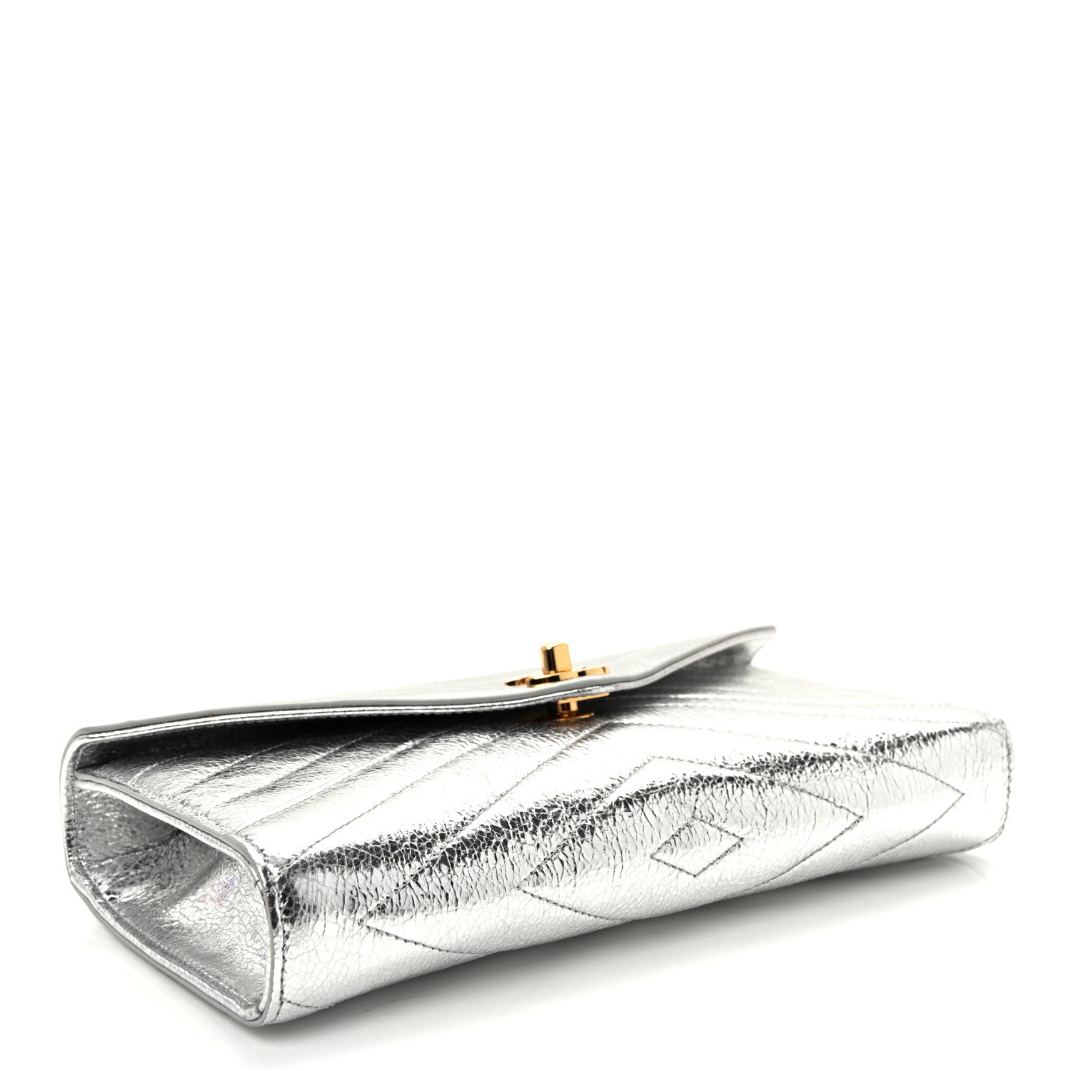 Chanel Metallic Aged Calfskin Chevron Quilted Top Handle Envelope Clutch Silver 4 of 10
