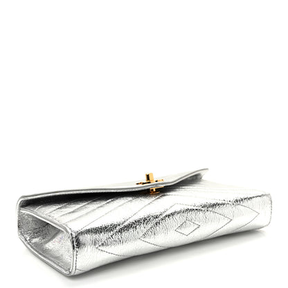 Chanel Metallic Aged Calfskin Chevron Quilted Top Handle Envelope Clutch Silver 4 of 10