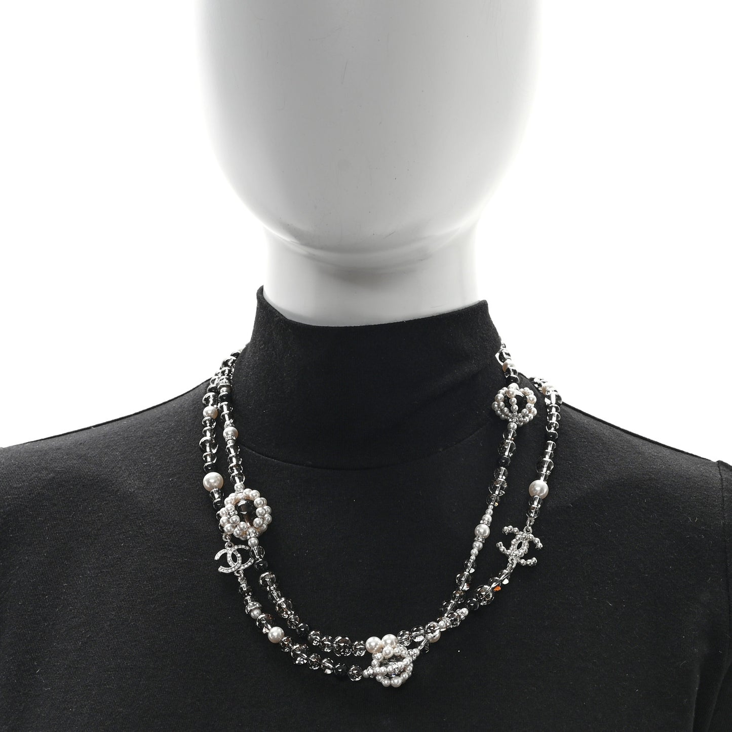 Pearl Crystal Bead CC Long Necklace Black
