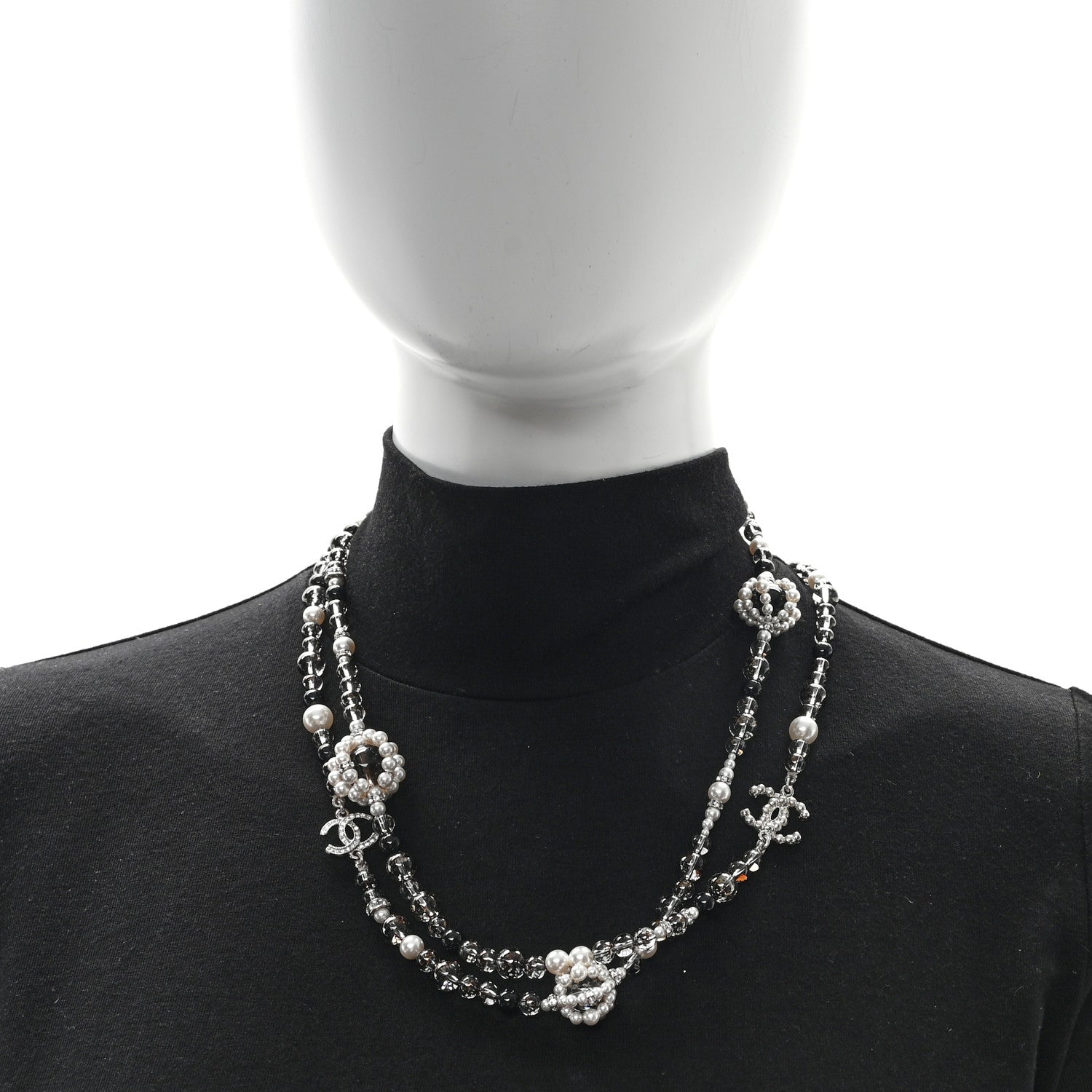 Chanel Pearl Crystal Bead CC Long Necklace Black 2 of 5
