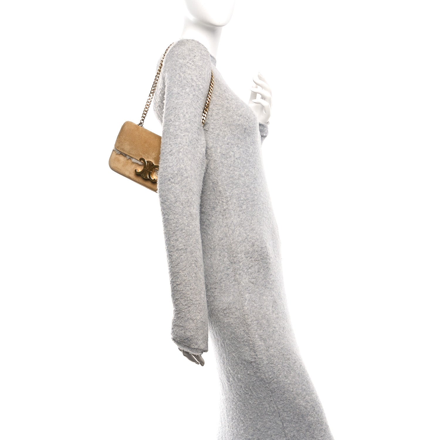 Celine Suede Shearling Triomphe Chain Shoulder Bag Beige 2 of 11