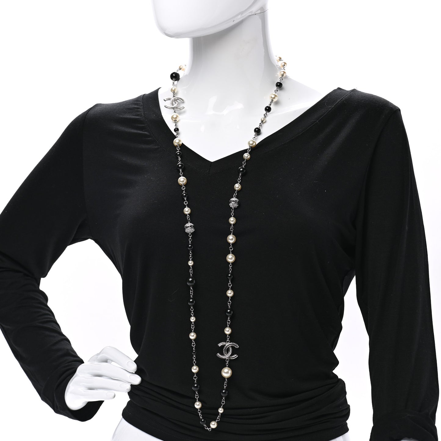Pearl Crystal Bead CC Long Necklace Black Silver
