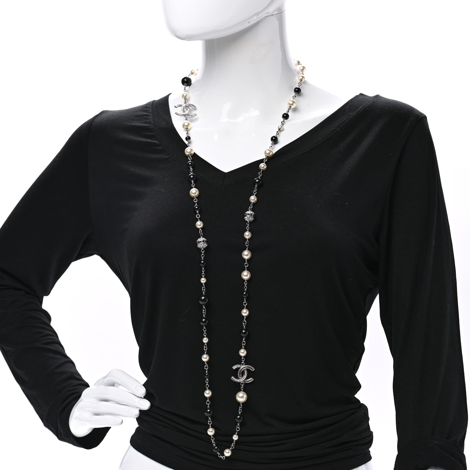 Chanel Pearl Crystal Bead CC Long Necklace Black Silver 2 of 7