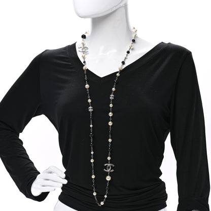 Chanel Pearl Crystal Bead CC Long Necklace Black Silver 2 of 7
