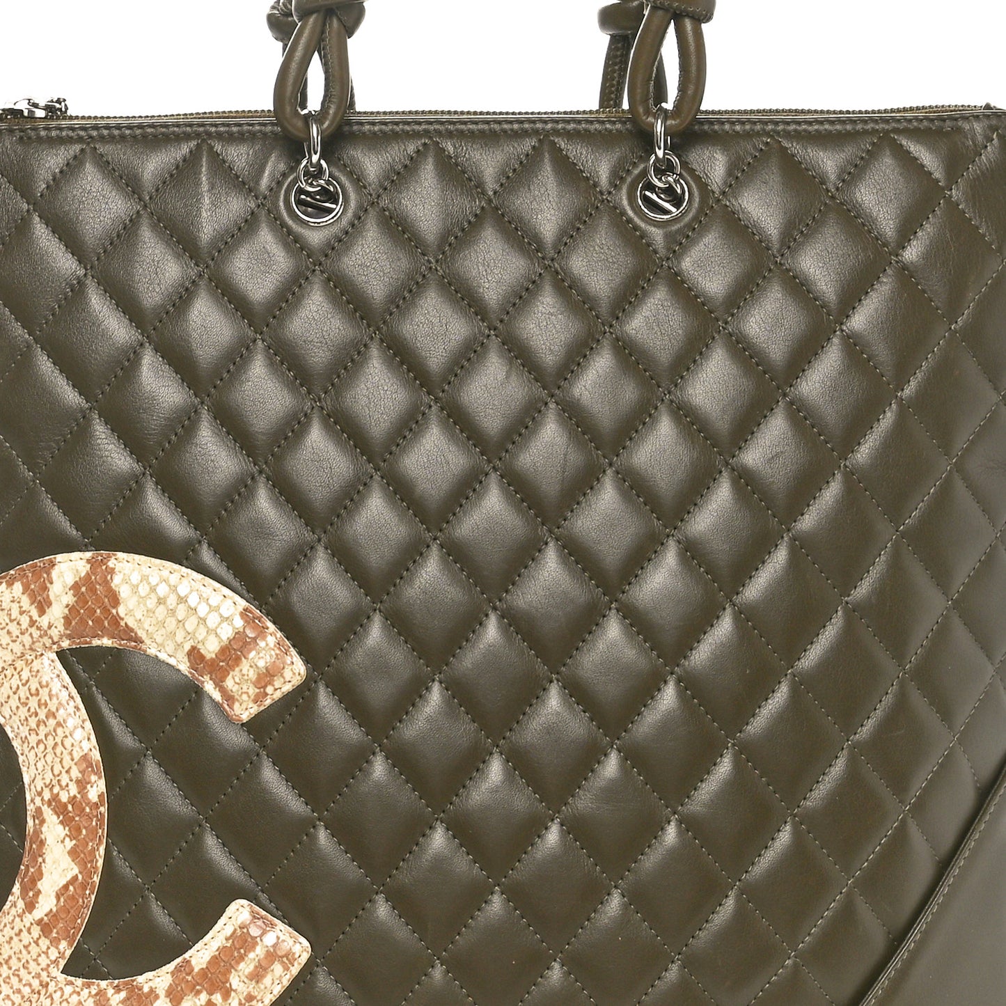 Calfskin Python Quilted Cambon Flat Tote Khaki