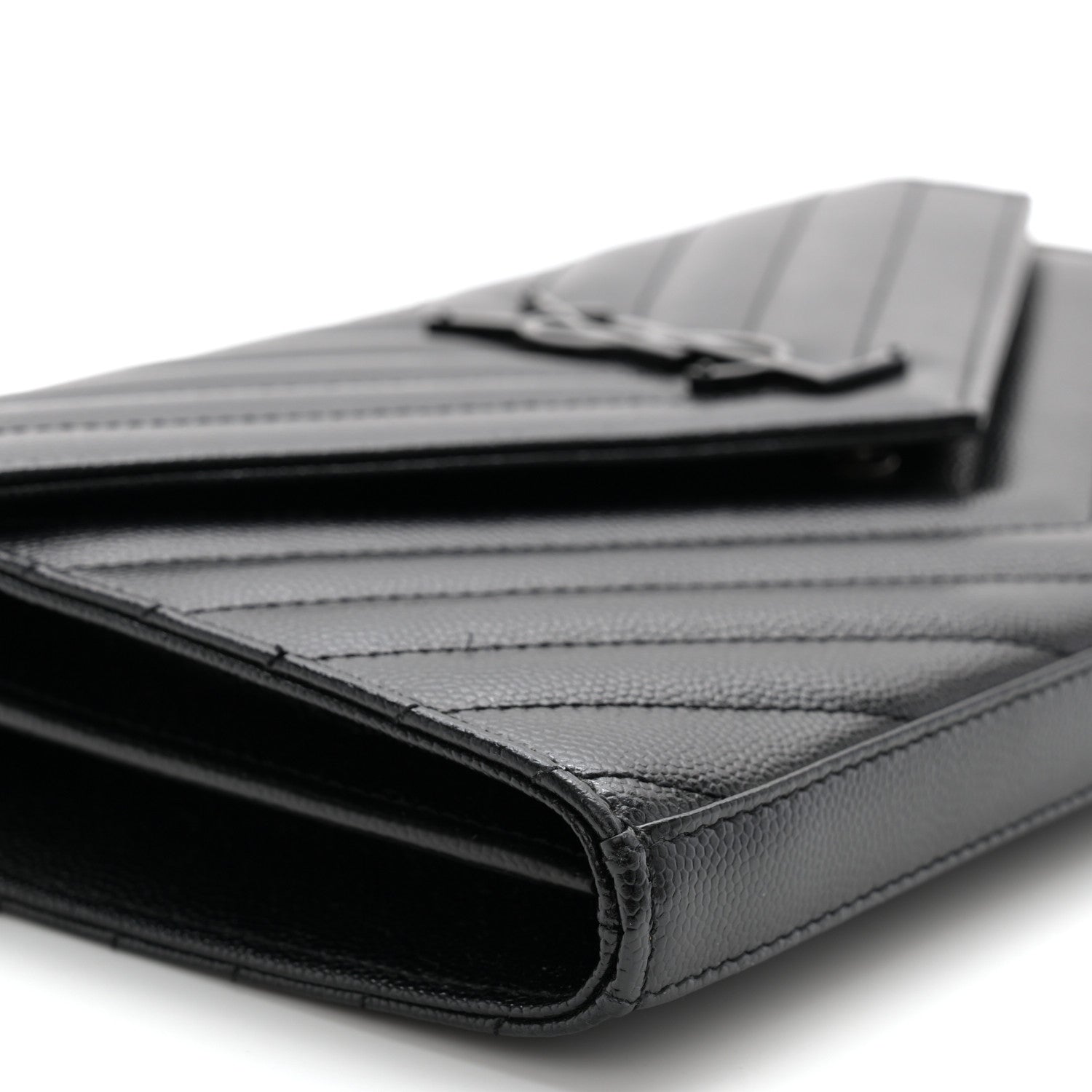 Saint Laurent Grain De Poudre Matelasse Chevron Monogram Monochrome Chain Wallet Black 9 of 11