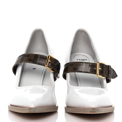 Fendi Glossy Neoprene Glazed Fabric FF FFrame Court Mary Jane Pumps 38 White Tobacco Moro 2 of 8