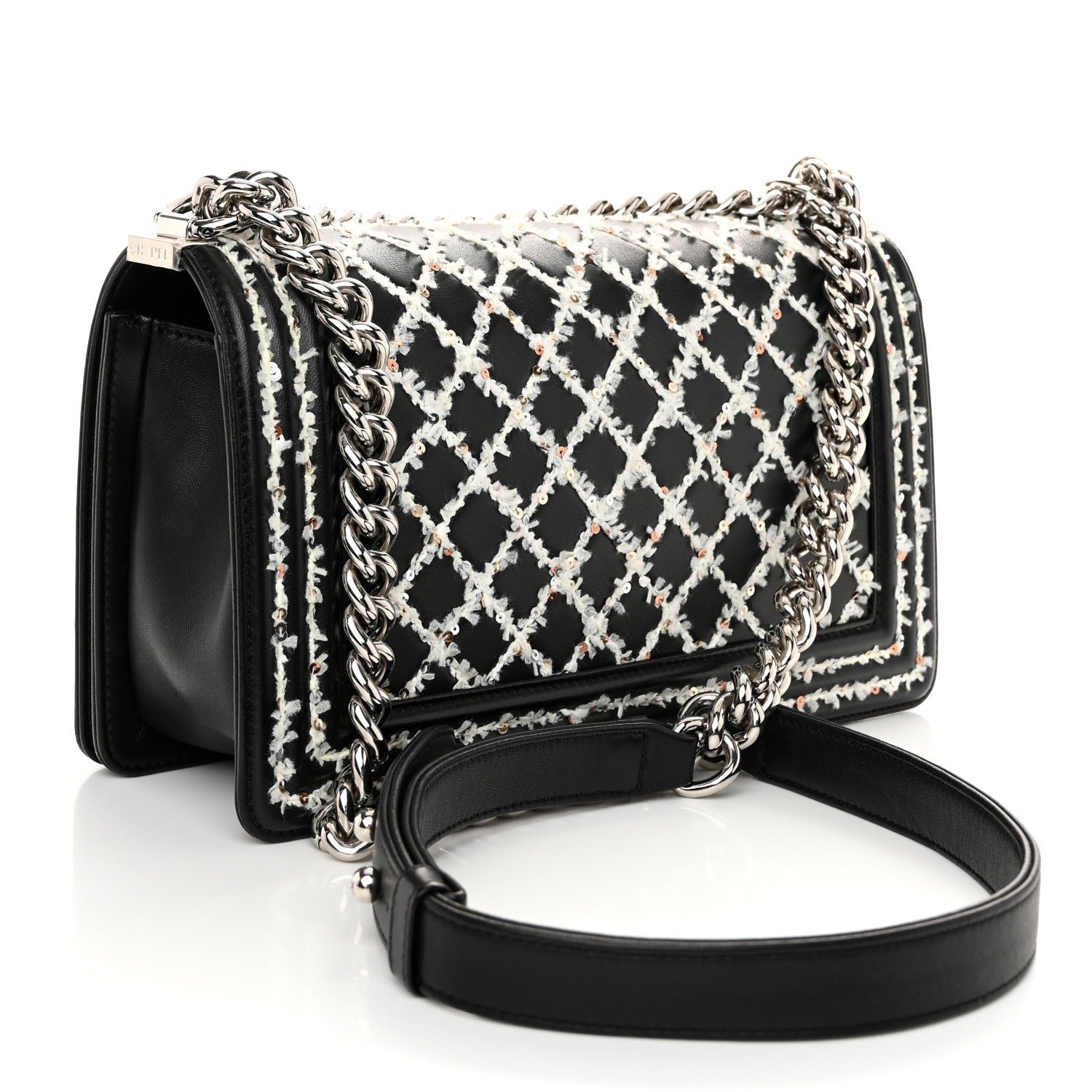 Chanel Lambskin Sequin Embroidered Medium Boy Flap Black White 3 of 11