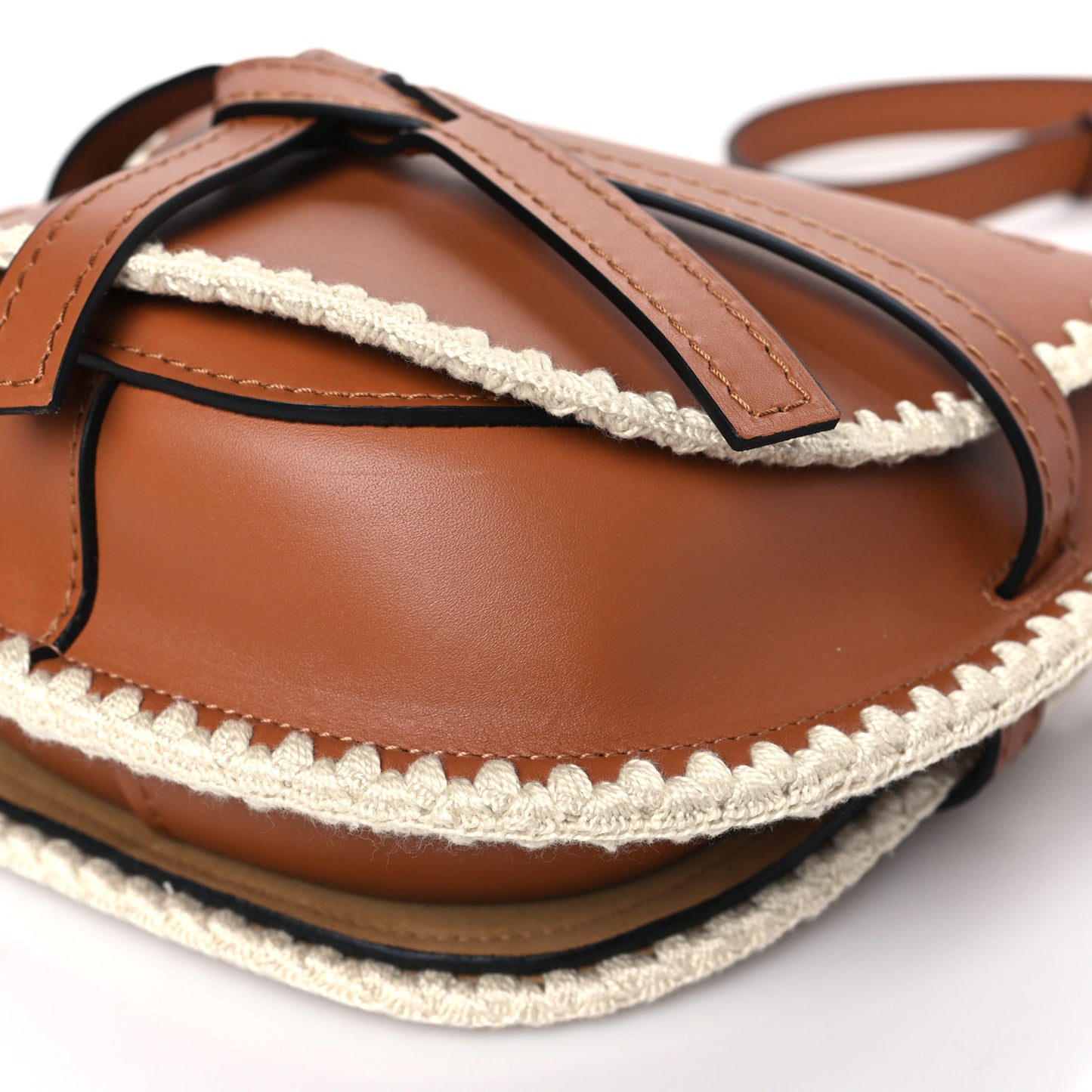 Calfskin Crochet Trim Small Gate Crossbody Bag Tan