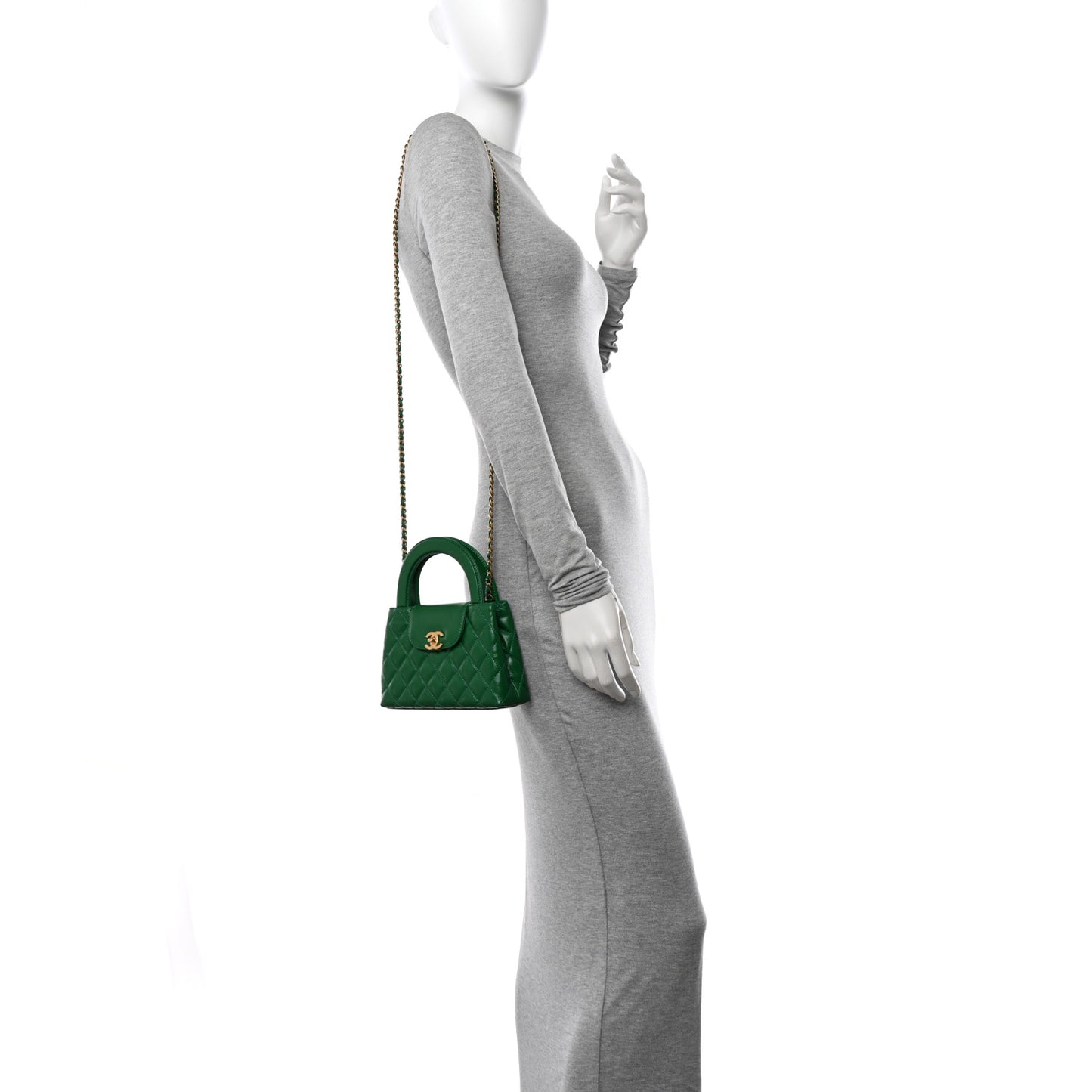 Shiny Aged Calfskin Quilted Nano Kelly Shopper Green