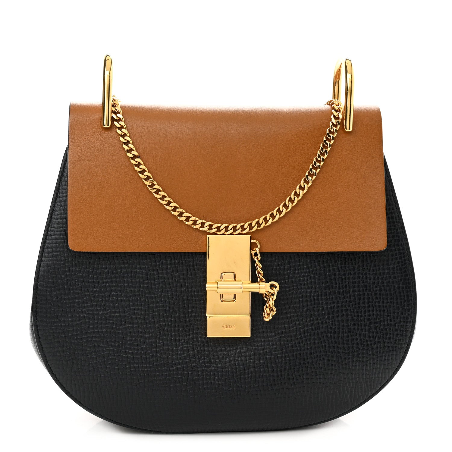 Chloe Grained Calfskin Lambskin Mini Bi-Color Drew Shoulder Bag Black Caramel 1 of 8