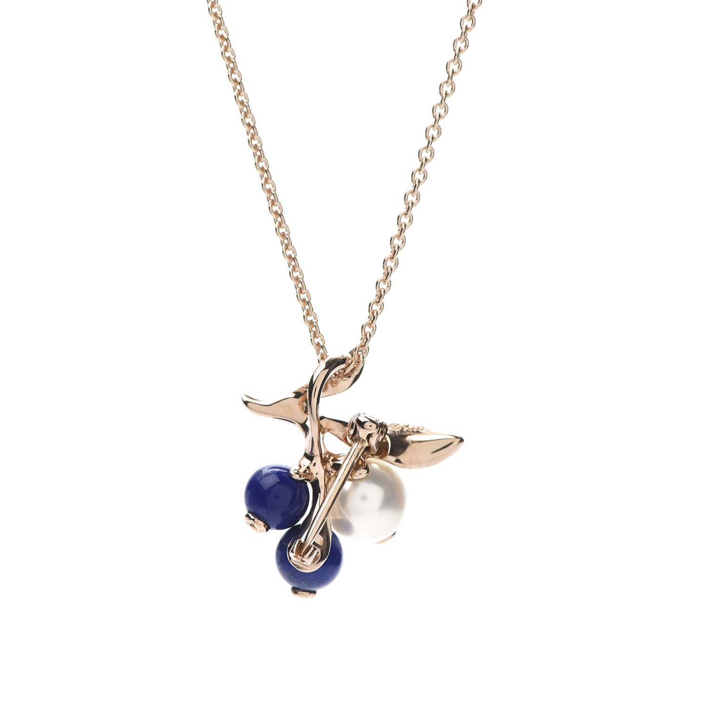 18K Rose Gold Pearl Lapis Lazuli Leaf Pendant Necklace Brooch