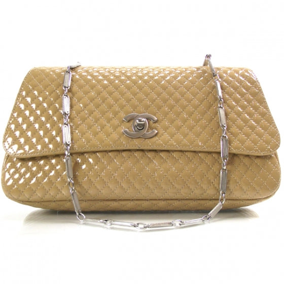 Patent Quilted Flap Chain Bag Beige