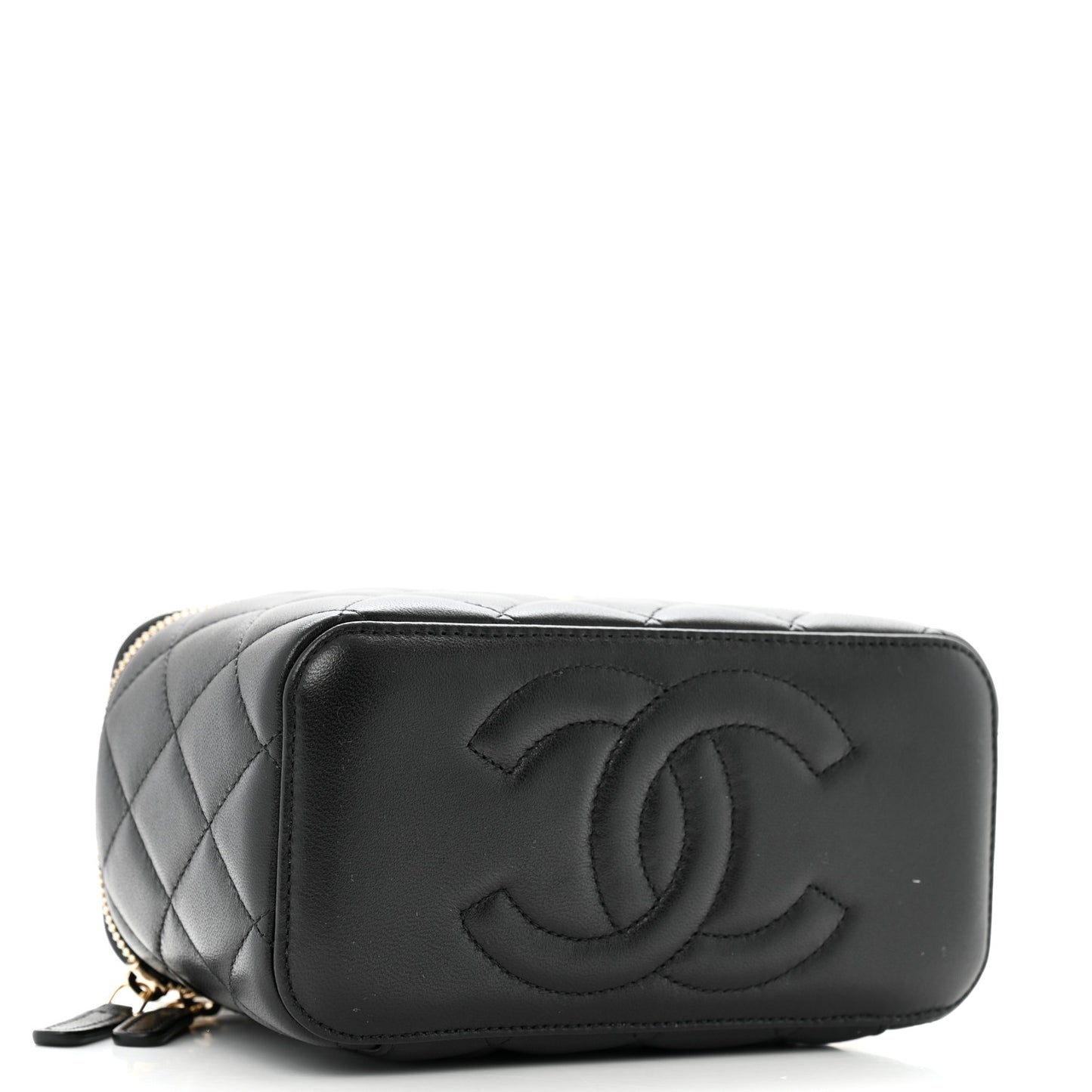 Lambskin Quilted Small Top Handle Vanity Case With Chain Black