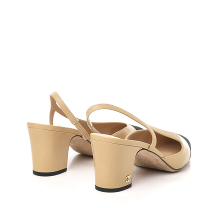 Chanel Goatskin Grosgrain Cap Toe CC Slingback Pumps 38.5 Beige Black 4 of 9