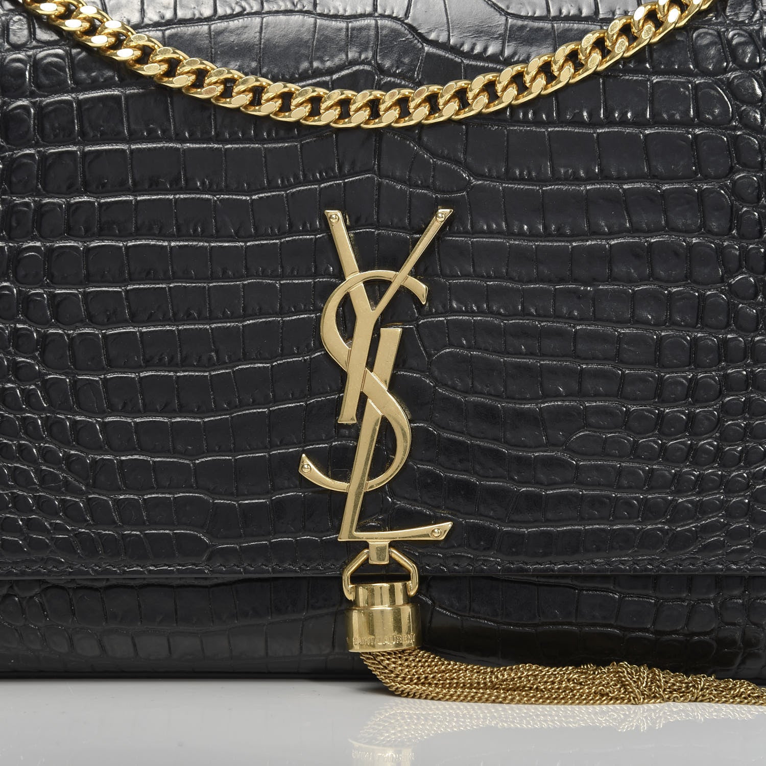 Saint Laurent Calfskin Crocodile Embossed Medium Classic Monogram Kate Tassel Satchel Black 10 of 10