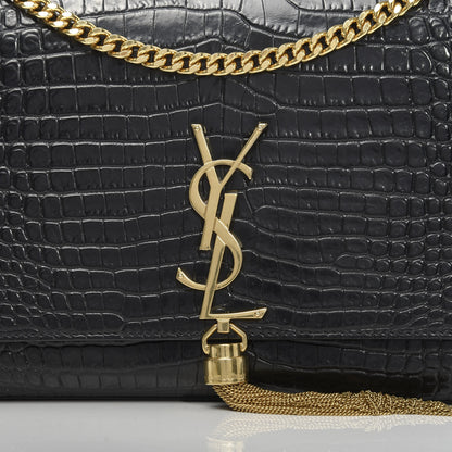 Saint Laurent Calfskin Crocodile Embossed Medium Classic Monogram Kate Tassel Satchel Black 10 of 10