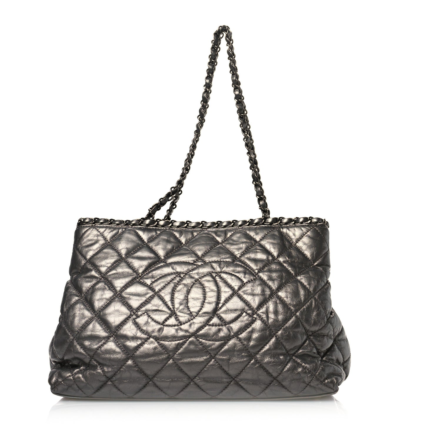 Metallic Calfskin Small Chain Me Tote Silver