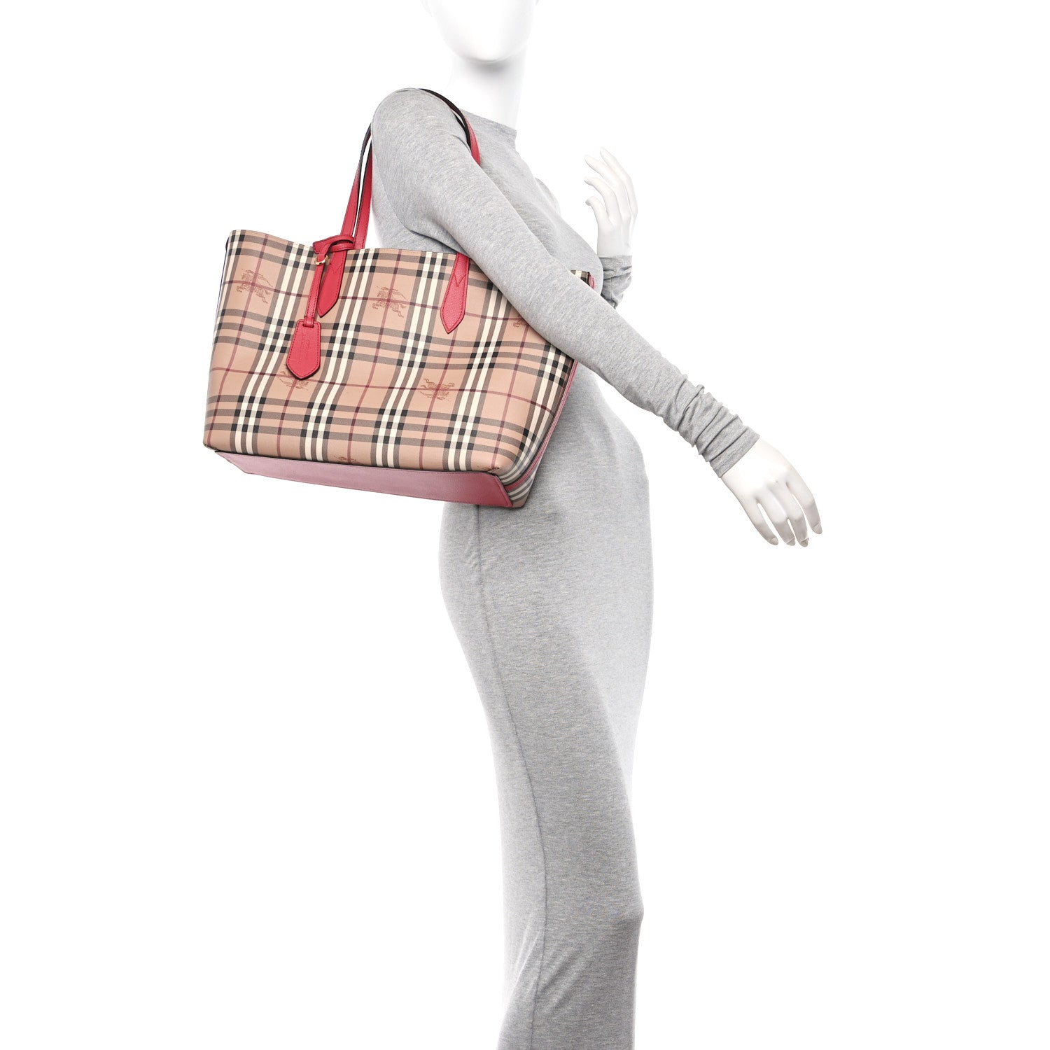 Burberry Grainy Calfskin Haymarket Check Medium Reversible Tote Coral Red 2 of 16