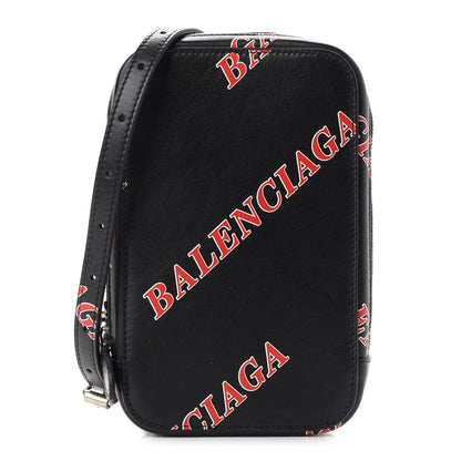 Balenciaga Calfskin Logo Print Cash Phone Holder Bag Black Red 1 of 8
