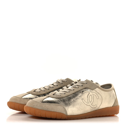 Chanel Laminated Crumpled Calfskin Womens CC Sneakers 40 Light Gold Beige 4 of 10