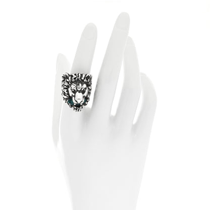 Gucci Metal Crystal Lion Head Ring 16 Emerald Aged Silver 2 of 5