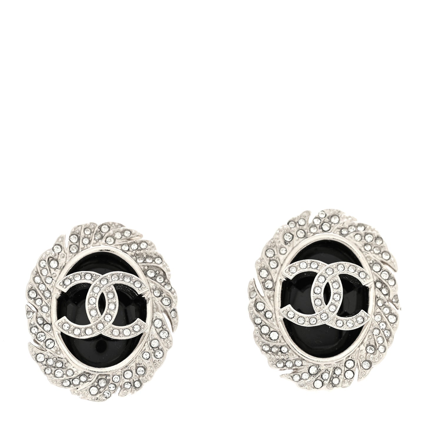 Metal Resin Crystal CC Oval Earrings Silver Black