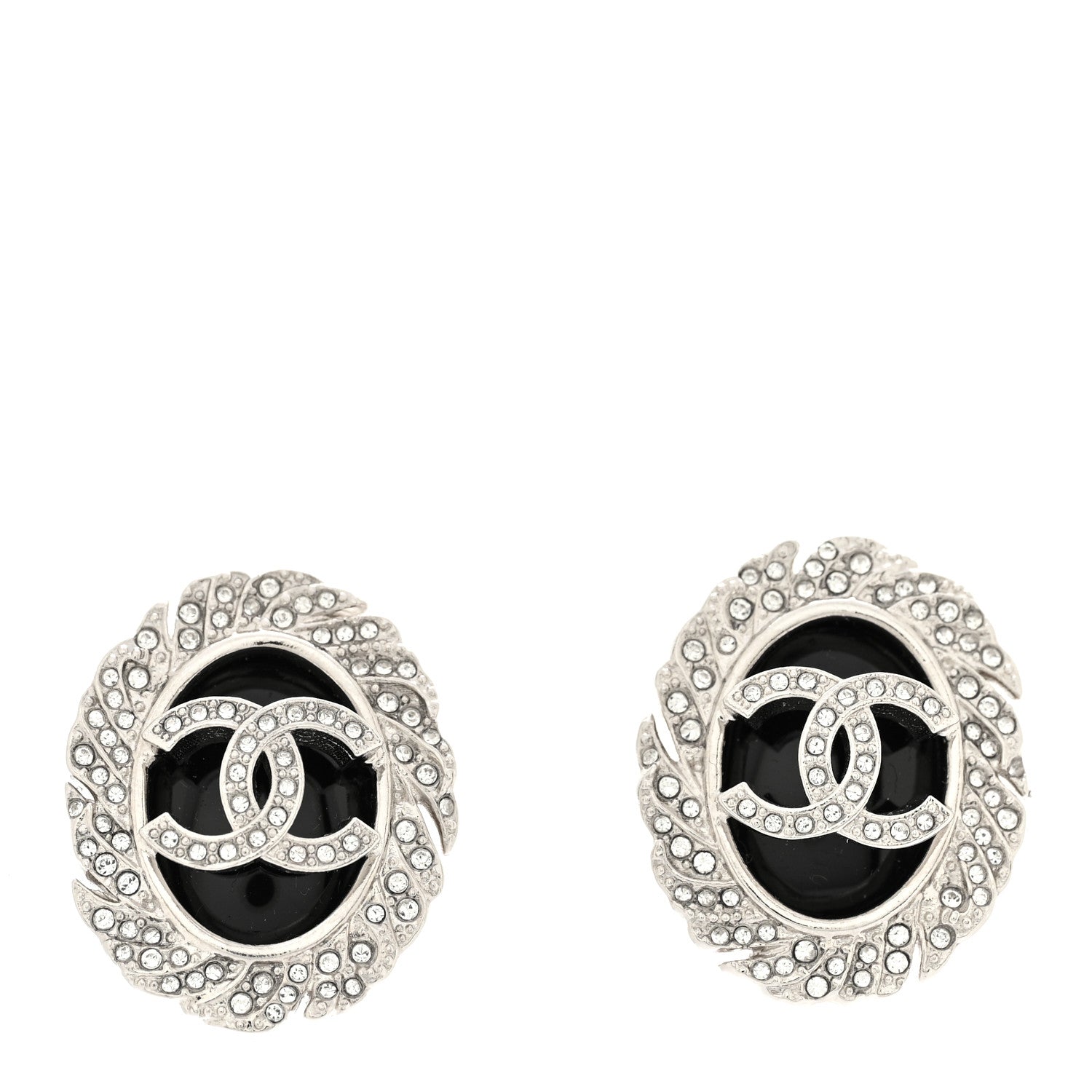 Chanel Metal Resin Crystal CC Oval Earrings Silver Black 1 of 5
