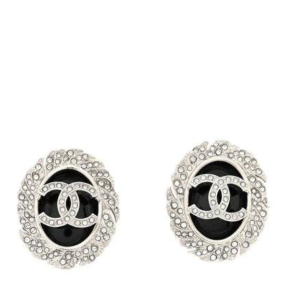 Chanel Metal Resin Crystal CC Oval Earrings Silver Black 1 of 5