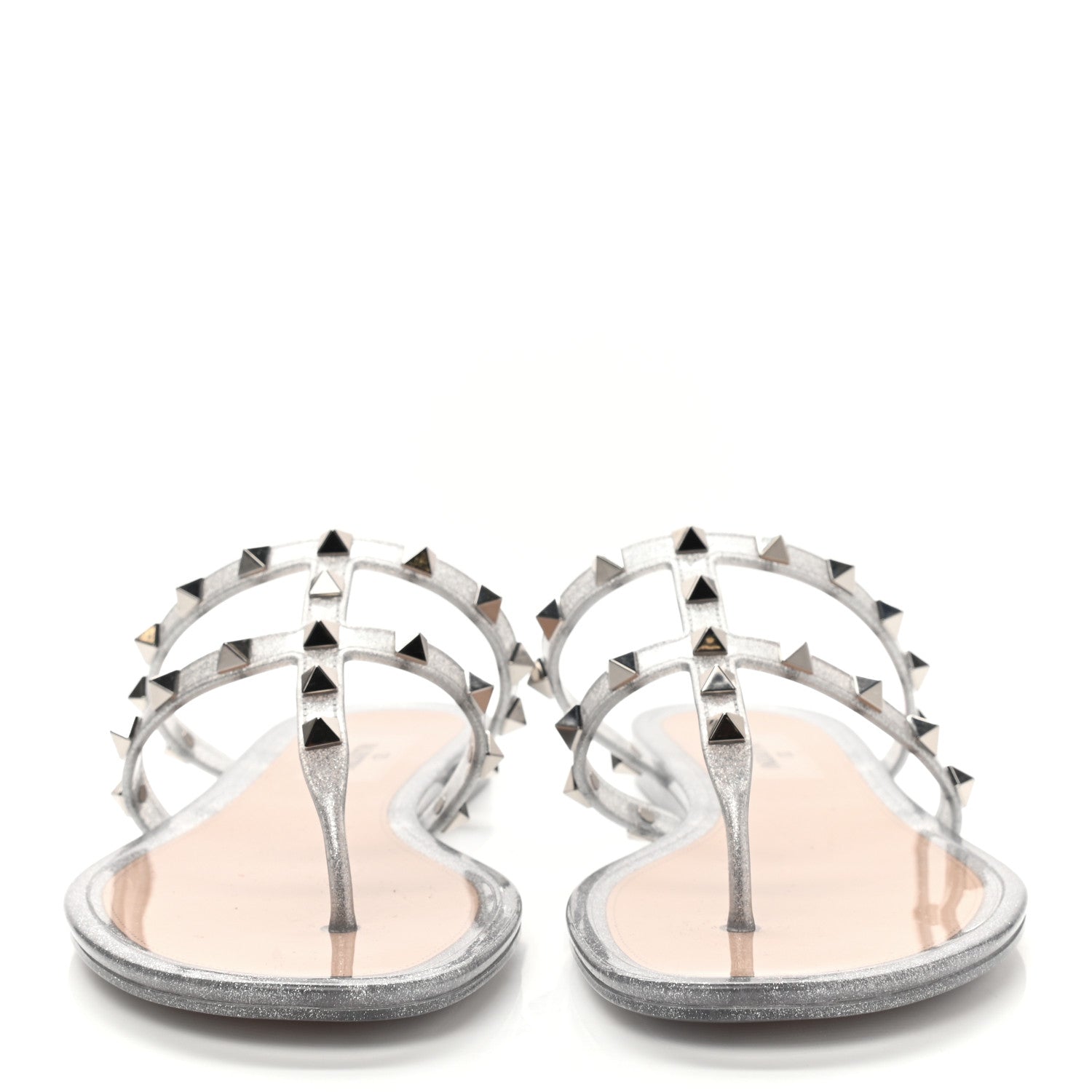 Valentino Garavani PVC Jelly Glitter Rockstud Caged Flat Thong Sandals 40 Silver 2 of 7