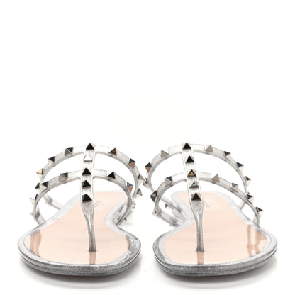Valentino Garavani PVC Jelly Glitter Rockstud Caged Flat Thong Sandals 40 Silver 2 of 7