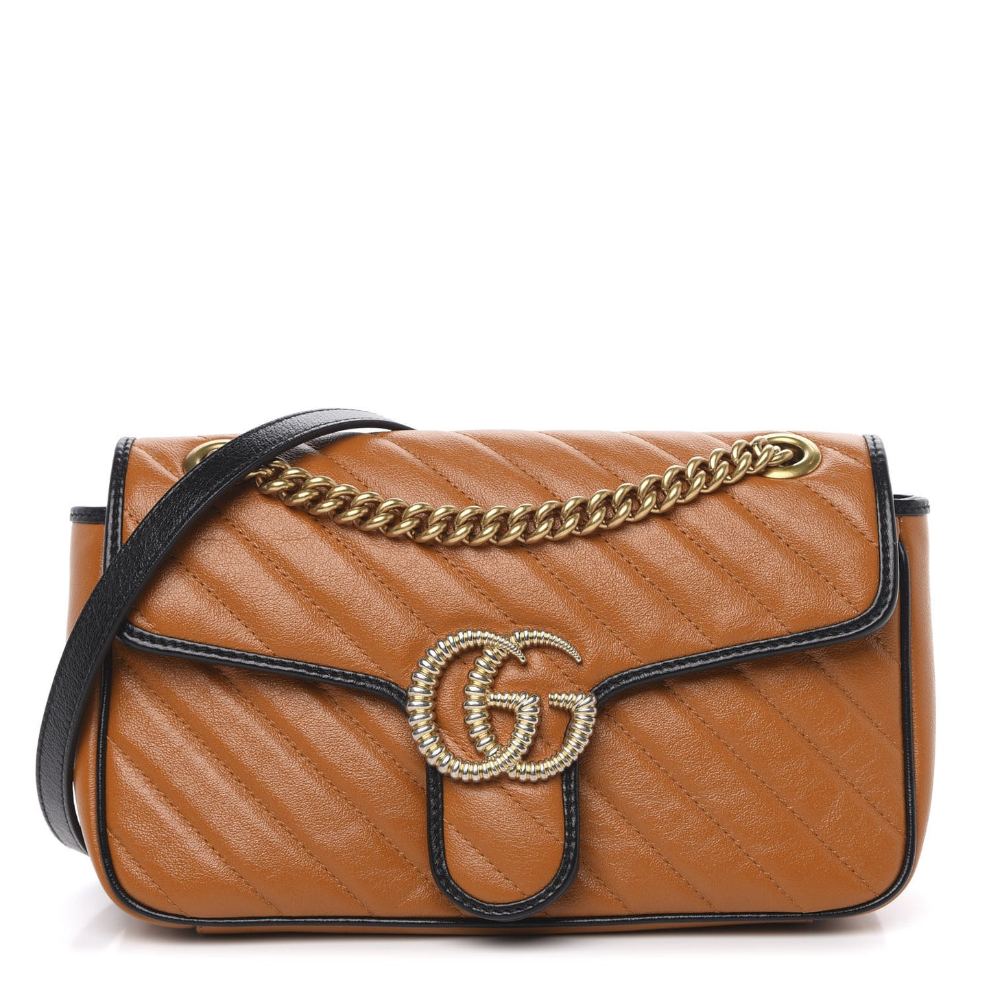 Vintage Effect Calfskin Matelasse Diagonal Small Torchon GG Marmont Shoulder Bag Cognac Black