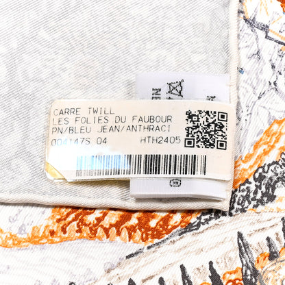 Hermes Silk Les Folies Du Faubourg Scarf 90 Bleu Jean Anthracite Cannelle 2 of 4