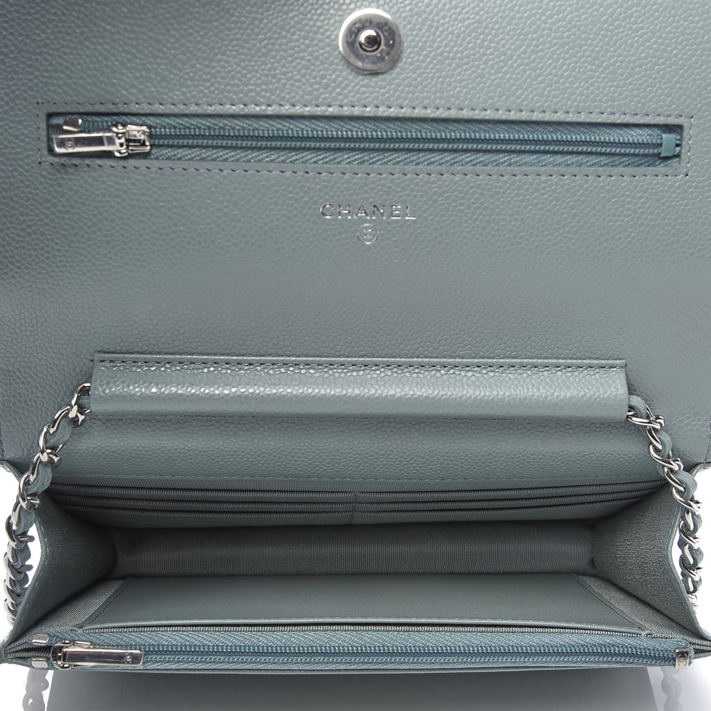 Iridescent Caviar Quilted Wallet On Chain WOC Light Blue