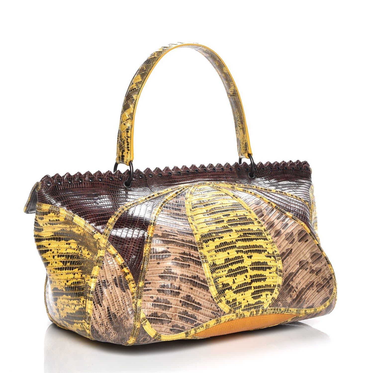 Bottega Veneta Tejus Lizard Patchwork Prezioso Satchel Yolk Cigar Truffle 3 of 7