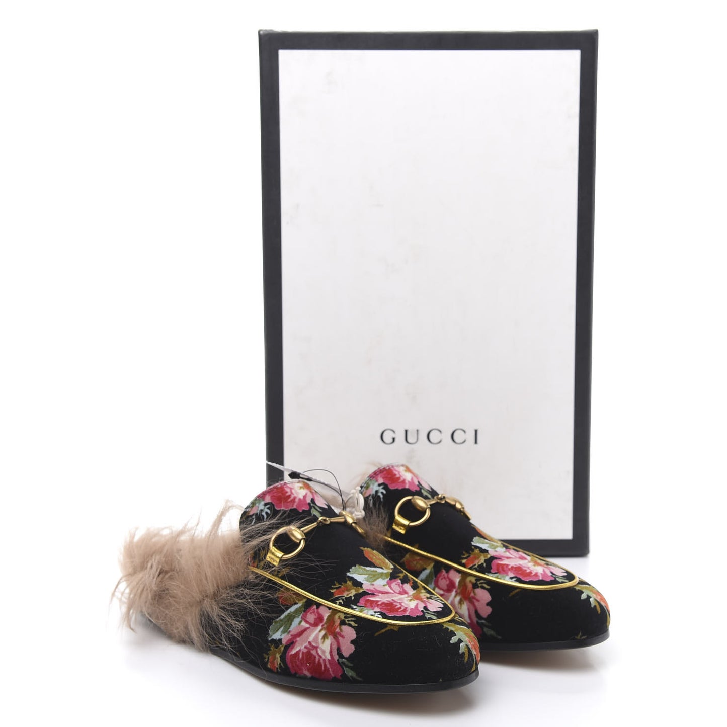Velvet Fur Floral Womens Princetown Slippers 35.5 Black