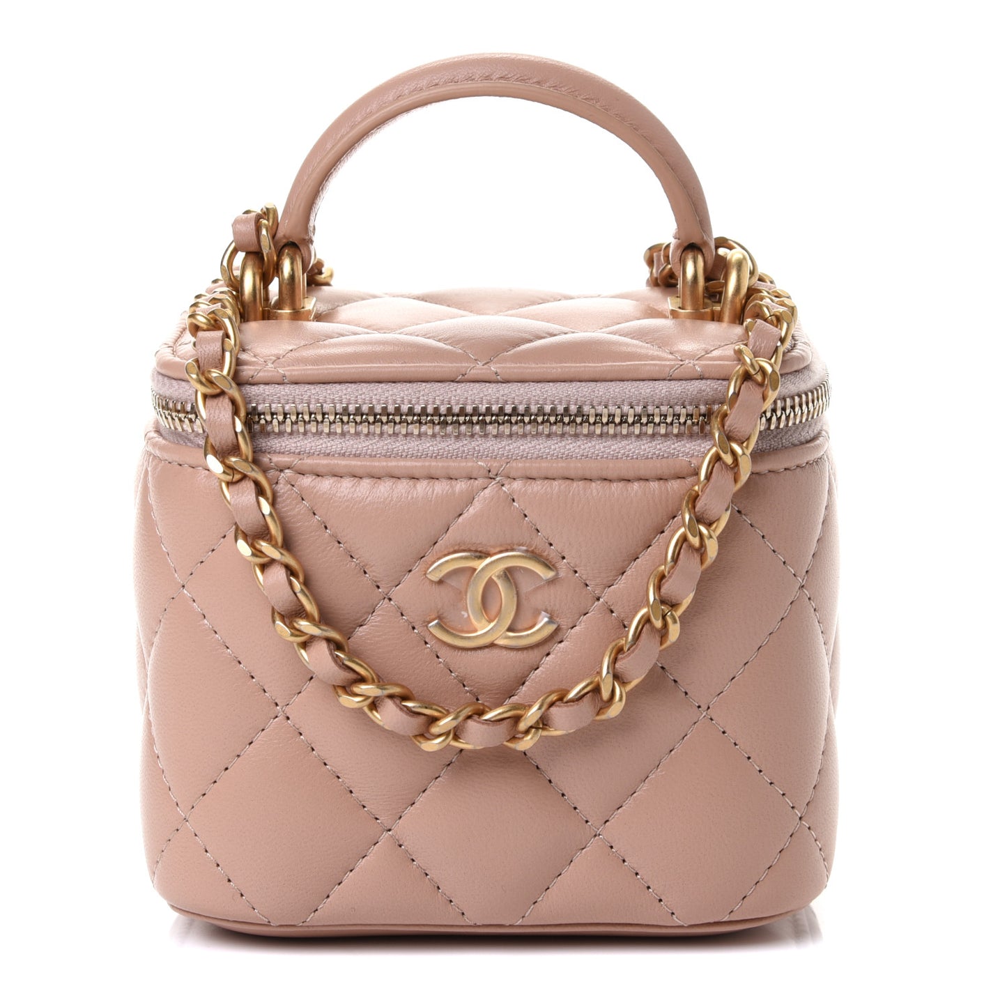 Lambskin Quilted Top Handle Mini Vanity Case With Chain Beige