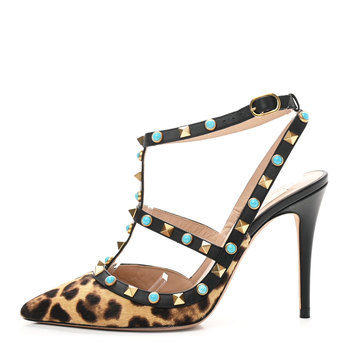 Calf Hair Leopard Print Rockstud Rolling Ankle Strap Pumps 37.5 Champagne Testa di Moro