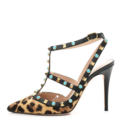 Valentino Garavani Calf Hair Leopard Print Rockstud Rolling Ankle Strap Pumps 37.5 Champagne Testa di Moro 1 of 8