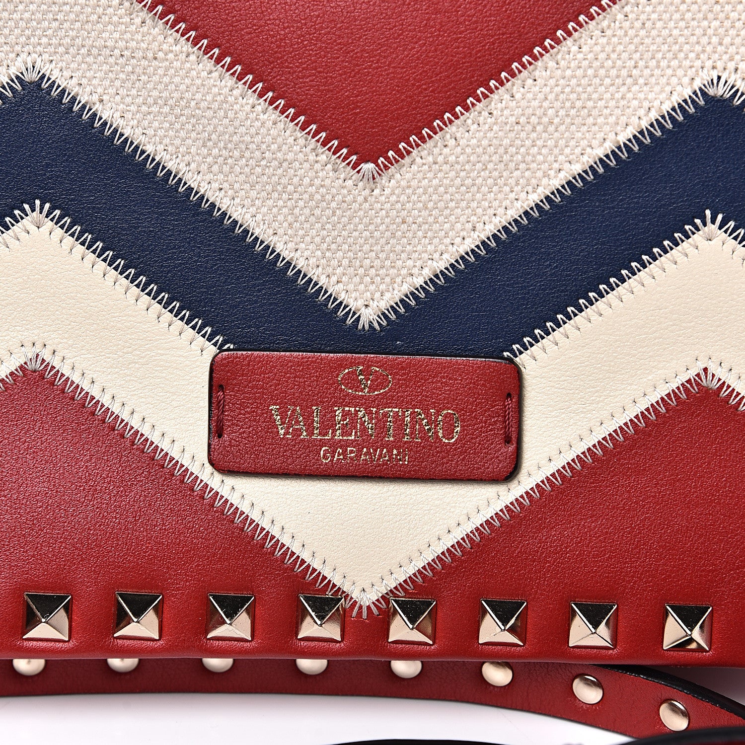 Valentino Garavani Calfskin Canvas Zig Zag Print Rockstud Flip Lock Camera Crossbody Bag Red Blue 9 of 11