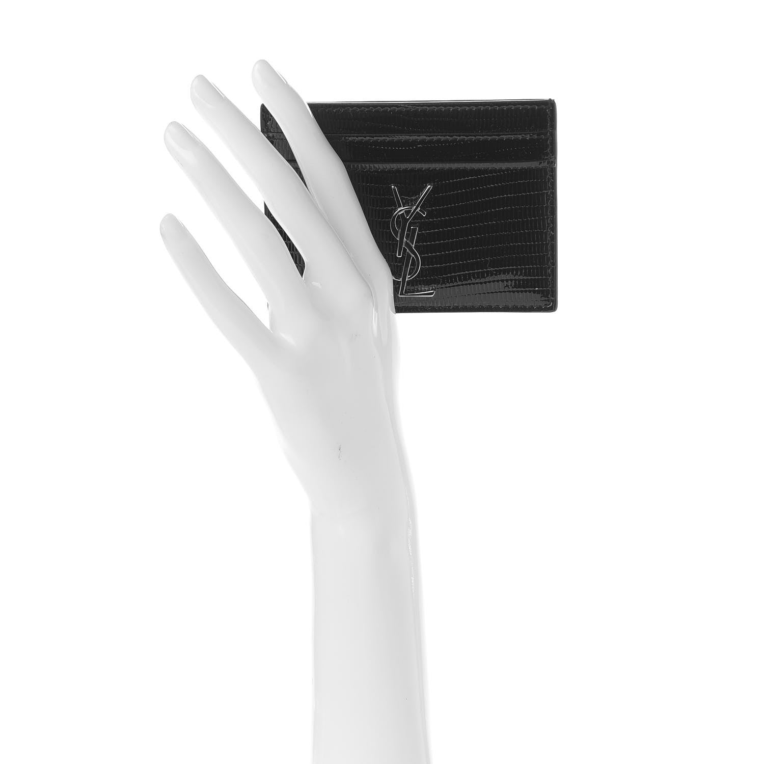 Saint Laurent Patent Tejus Lizard Calfskin Embossed Card Case Black 2 of 9